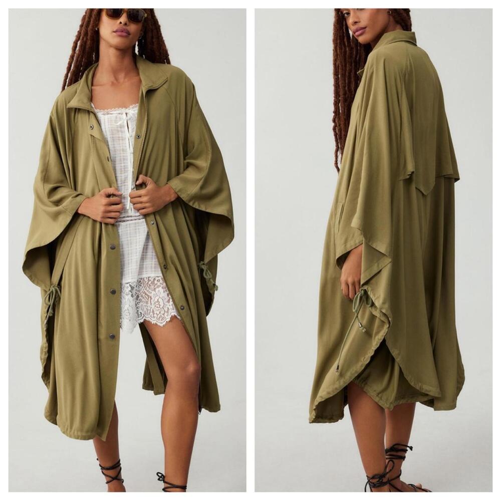 PILCRO Green Poncho Trench Cape Khaki Utility Jacket Oversized Army Olive OSFM